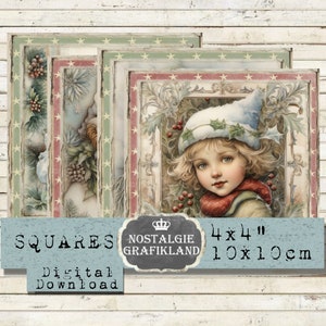 Kerst Coaster Squares 4x4 inch Girls Deer Journaling Download afdrukbaar digitaal collageblad TG130