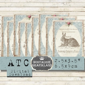 Conejos imprimibles Hare French Lapin Cards ATC Easter Instant Download ATC hoja de collage digital S027