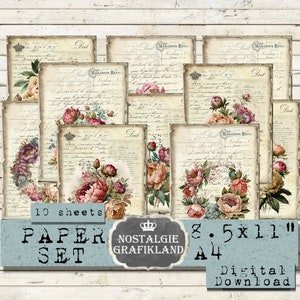 PEONIES printable French Vintage Journaling Flowers prints Papers Download Journal digital sheet 8.5x11 PPS012 image 1