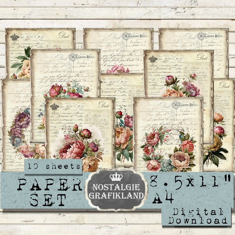 PEONIES printable French Vintage Journaling Flowers prints Papers Download Journal digital sheet 8.5x11 PPS012 image 1