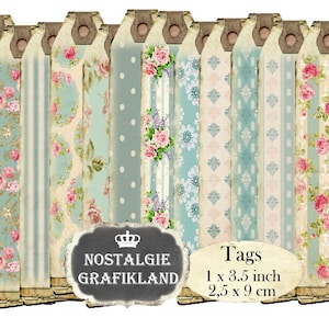 Roses Shabby Chic Journal Tags Vintage Background printable narrow Tags Old Papers Instant Download digital collage sheet T045