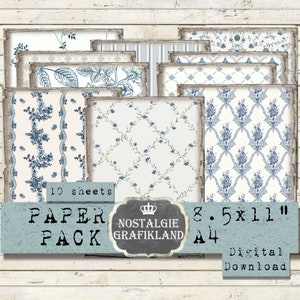 BLUE Papers printable Pattern Background Damask Strips Flowers White Blue Paper Pack Scrapbooking Download digital sheet 8.5 x 11" PP026