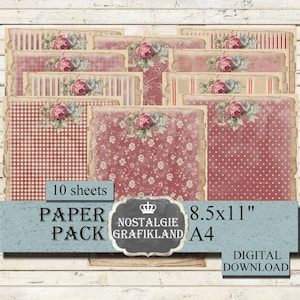Papeles digitales con fondo rojo, paquete de papel desgastado, tiras vintage, lunares, cuadros, 8,5 x 11 pulgadas, PP120
