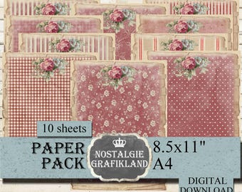 RED BACKGROUND digital Papers Shabby Paper Pack Vintage Strips Polka Dots Checked 8.5x11" PP120
