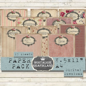 May include: A digital paper pack with 10 sheets of vintage Christmas themed paper designs. The paper pack is 8.5 x 11 inches and is a digital download. The paper designs feature red and white stripes, gingham, polka dots, floral patterns, and Christmas greetings.
