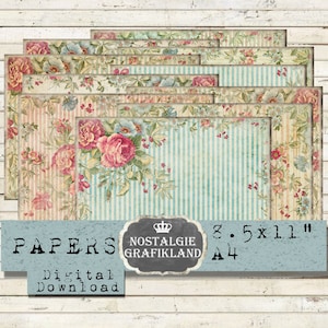SHABBY CHIC Papers afdrukbaar liggend horizontaal Rozen Strepen Scrapbook Journals Download digitaal collageblad 11x8.5" PPH009