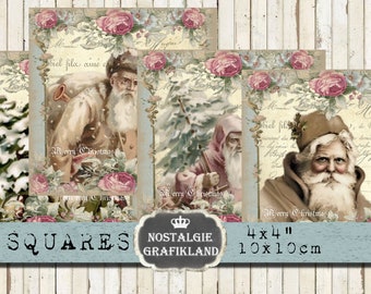 Santa Claus digital Christmas Journaling Squares Shabby Chic printable Journals Coaster 4x4 TG108