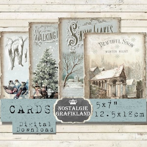 Tarjetas imprimibles de invierno Copos de nieve Papeles vintage imprimibles Iglesia Árbol de Navidad Pájaros de invierno Nieve 5x7 pulgadas Descargar hoja digital G065