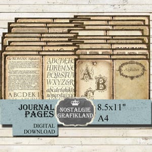 Strony dziennika ALFABETU Typografia ABC List do druku Prace szkolne Dziennik śmieci Vintage Pobierz JPB038