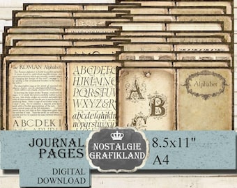 ALPHABET Journal Pages Typography ABC Letter printable School Papers Junk Journal Vintage Download JPB038