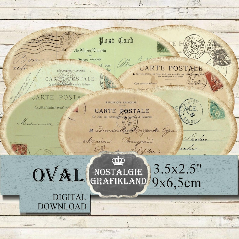 Cartoline francesi Carte Postale Ephemera Poste Ovals 3.5x2.5 Scarica il foglio di collage digitale O103 immagine 1