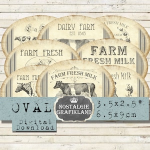Kühe Farm Fresh Milk Labels 9 x 6,5 cm Ovals Etiketten  Instant Download digital collage sheet O139