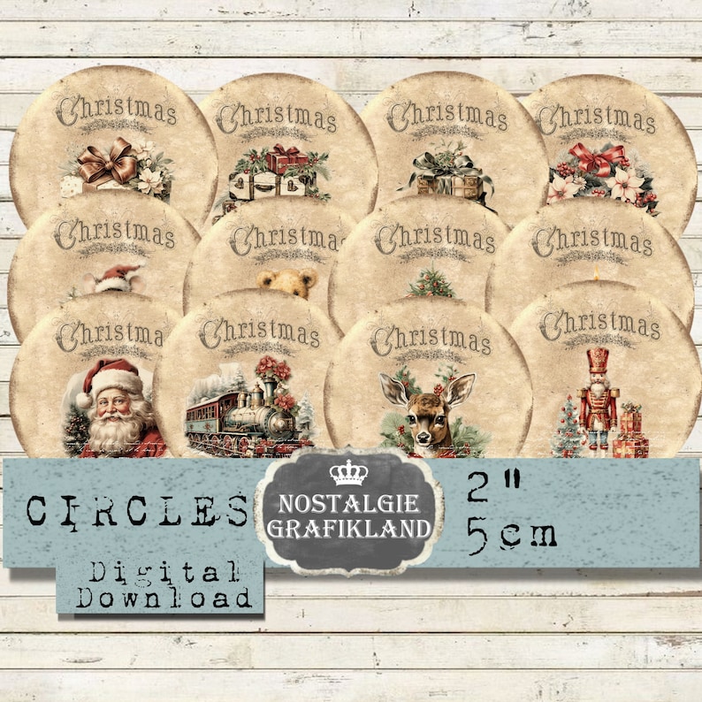 K&ouml;nnte beinhalten: Set mit 10 druckbaren Weihnachtskreisdesigns, jedes mit einer anderen Illustration im Vintage-Stil. Die Designs beinhalten einen Zug, ein Reh, einen Nussknacker, den Weihnachtsmann und mehr. Die Kreise haben einen Durchmesser von 5 cm.