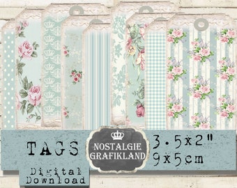 Background Tags digital printable Shabby Chic Flowers Decoupage Scrapbooking Journaling DIY Instant Download digital collage sheet T181