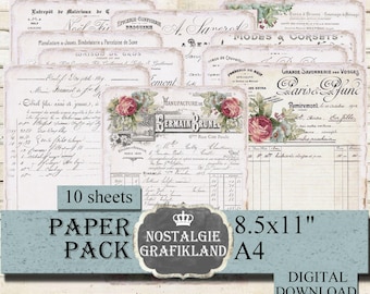 EPHEMERA DOCUMENTS French digital Papers Shabby Invoices Letters Vintage Journal printable Journaling PP108