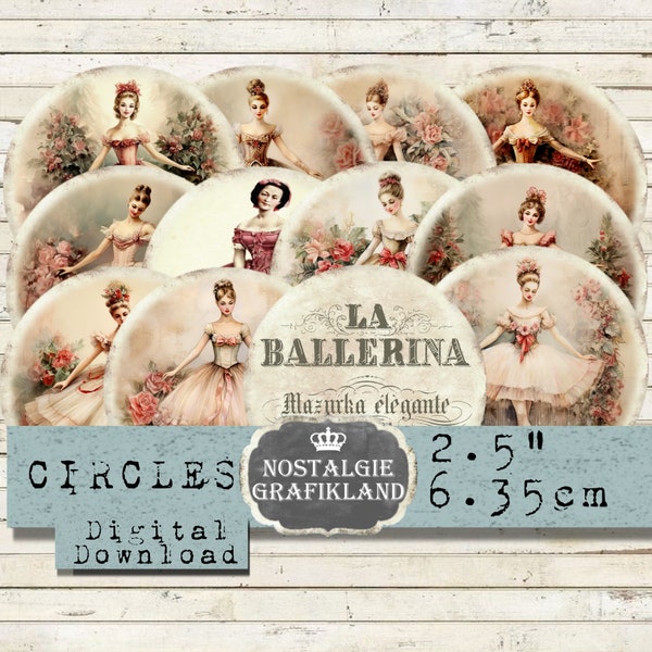 Ballerina Circles Ballet Journaling Shabby Chic 2.5 inch Download digital collage sheet C180