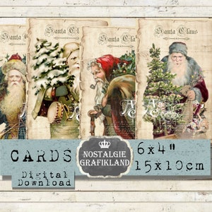 Feuille de papiers éphémères numériques vintage imprimables Noël Père Noël pour Noel 6 x 4 pouces, téléchargement feuille de collage numérique D296
