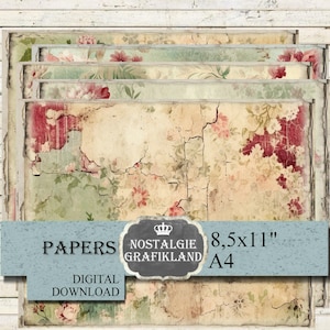 DISTRESSED SHABBY digital Papers printable landscape horizontal Faded Roses Scrapbook Journaling Paper 11x8.5" PPH5100
