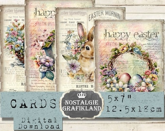 Cartes imprimables de voeux de Pâques Ephemera Bunnie Eggs Fleurs de printemps Journal vintage 5 x 7 pouces Feuille de collage numérique à télécharger G080