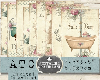 Salle de Bain French Bath Bathroom Bathtub Towels Shabby Chic Download ATC digital collage sheet S163