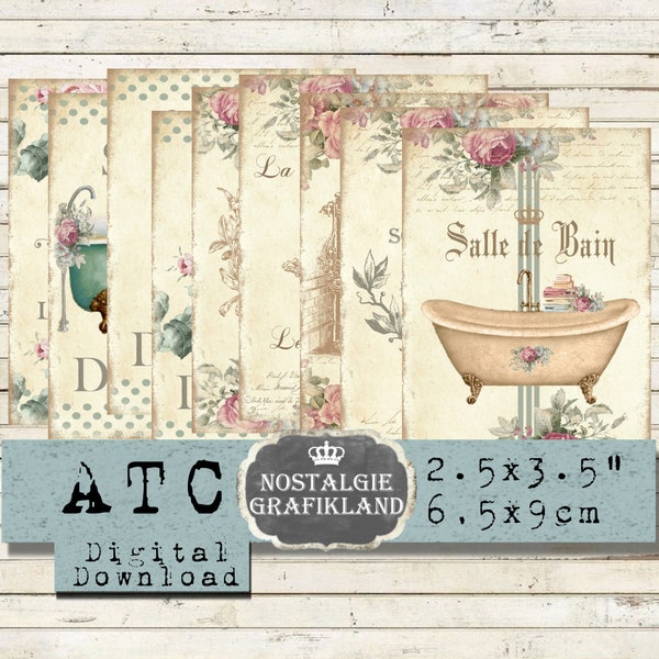 Salle de Bain French Bath Bathroom Bathtub Towels Shabby Chic Download ATC digital collage sheet S163