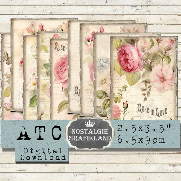 Pink Roses printable Love Flowers Instant Download ATC digital collage sheet journal elements S182