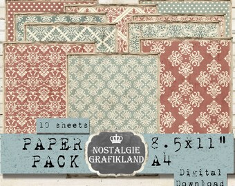May include: A digital paper pack with 10 sheets of patterned paper in shades of red, blue, and white. The paper is 8.5 x 11 inches and is labeled "Nostalgie Grafikland Paper Pack".