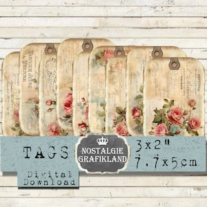 French Roses Tags printable Journaling Shabby Flowers Floral Tags Download digital collage sheet  T224