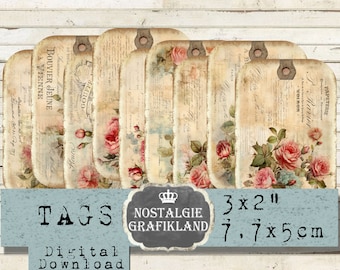 May include: Set of eight vintage-style printable gift tags featuring a floral design with pink roses and a distressed background. The tags are 3 inches by 2 inches and have a distressed, aged look. The text on the tags includes "Bouvier Jeune A Vienne", "Gouffe", "P. Ravier", "Papeterie", "A. Bu", "Paris", "Fleur", and "YoIrom".