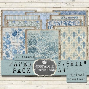 BLUE Paper Pack Vintage printable Background Damask Strips Flowers Papers Scrapbooking Download digital collage sheet 8.5 x 11" PP036