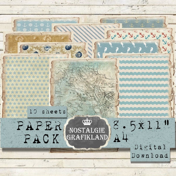 NAUTICAL Paper Pack imprimible Maritime Papers Sea Ocean Vintage Digital Descargar hoja de collage digital PP092