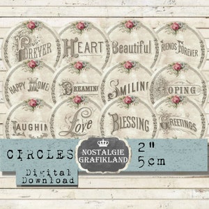 Sentiments Words printable Text Feeling Blessing Hoping Dreaming Love Journaling Journals Circles 2 inch Download digital collage  C277