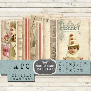 Circo para impressão Vintage Palhaço Harlequin Label Junk Journal Enfeite Download instantâneo ATC folha de colagem digital S012