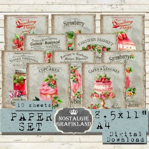 Paquet de papier imprimable fraises ensemble feuille de collage numérique téléchargement numérique fraises confiture de fruits imprimable recette vintage PPS003