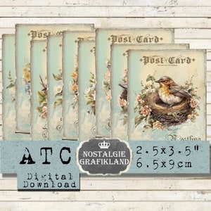Puede incluir: Conjunto de ocho tarjetas ATC digitales imprimibles con un diseño de estilo vintage con un pájaro en un nido, flores y el texto "Post Card". Las tarjetas miden 6,5 cm por 9 cm.