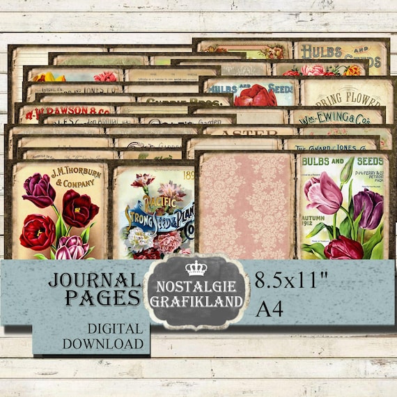FLOWERS Journal Pages Vintage Botanic Floral Garden Botany Tulips Hyacinth Ephemera printable Download JPB023