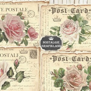 May include: Four vintage-style postcards with a faded background and handwritten text. Each postcard features a pink rose with green leaves and stems. The text on the postcards reads "Republique Francaise Carte Postale" and "Post Card".