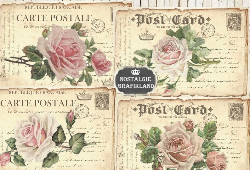 May include: Four vintage-style postcards with a faded background and handwritten text. Each postcard features a pink rose with green leaves and stems. The text on the postcards reads "Republique Francaise Carte Postale" and "Post Card".