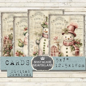 Bonhommes de neige roses à imprimer, bonshommes de neige roses, papiers shabby chic, flocons de neige imprimables neige d'hiver 5 x 7 pouces à télécharger feuille numérique G092