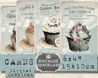 French Cupcakes Patisserie Muffins Bakery Lace Recipe Shabby printable Journal Cards 6x4" digital D252