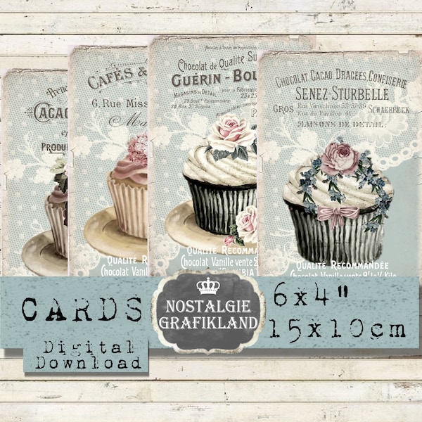 French Cupcakes printable Patisserie Shabby Chic Vintage Muffins Bakery Lace Recipe 6 x 4 inch Instant Download digital collage sheet D252