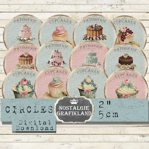 Cupcakes afdrukbare Patisserie prints Muffins Shabby Chic Bakery Journaling Journals Circles Instant Download digitale collage blad C145