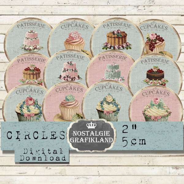 Cupcakes printable Patisserie prints Muffins Shabby Chic Bakery Journaling Journals Circles Instant Download digital collage sheet C145