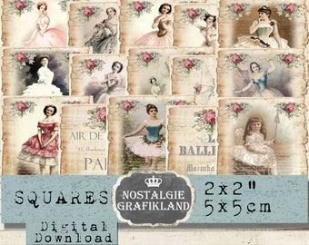 May include: A set of 12 digital scrapbook paper squares featuring vintage illustrations of ballerinas in various poses. The squares are 2x2 inches and have a light brown background with pink roses and text. The text includes "AIR DE", "17, Boulevard", "PAI", "BALLI", "Mazurka", "NOSTALGIE GRAFIKLAND", "2x2"