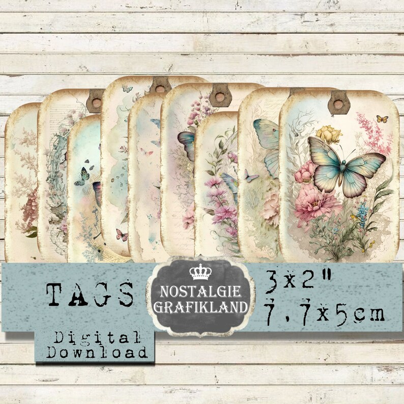 May include: Set of ten vintage-style gift tags featuring a watercolor design of butterflies and flowers. The tags are 3 x 2 inches and have a distressed, aged look. The text "TAGS" and "NOSTALGIE GRAFIKLAND" is printed on the tags.