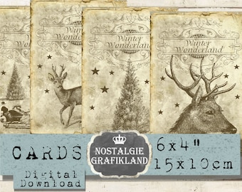 May include: Set of four printable cards featuring vintage illustrations of a deer, a Christmas tree, and the text "Winter Wonderland". The cards are 6x4 inches and are available for digital download.