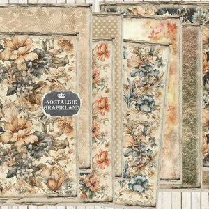 May include: A set of 10 digital papers featuring vintage floral patterns in shades of blue, orange, and brown. The papers have a distressed, aged look and include a logo for "Nostalgie Grafikland".