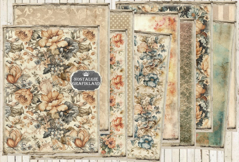 May include: A set of 10 digital papers featuring vintage floral patterns in shades of blue, orange, and brown. The papers have a distressed, aged look and include a logo for "Nostalgie Grafikland".