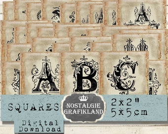 May include: A collection of vintage-style square digital downloads featuring ornate black letters on aged paper. The squares are 2x2 inches and include the text "SQUARES", "NOSTALGIE GRAFIKLAND", and "Digital Download".