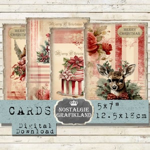 Cartões gastos para impressão de Natal rosa desbotado X-mas Journaling imprime autoimpressão 5x7 polegadas Baixar folha de colagem digital G088